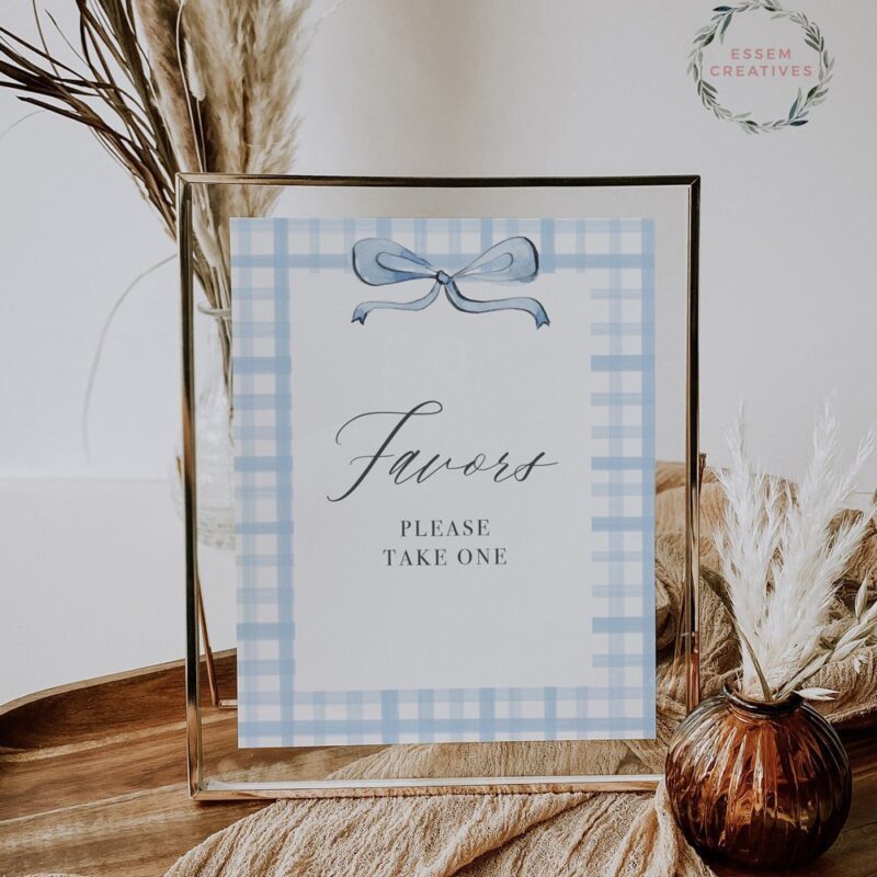 Printable Baby Blue Boy Baby Shower Favors Table Sign Template, Gingham Bow Favors Sign, Modern Baby Shower Decor, Instant Download 501