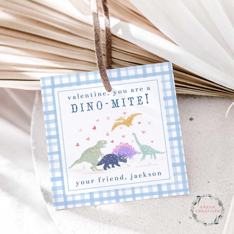 Printable Dinosaur Valentines Gift Tag for Kids, Dino-mite Valentine tag, Dino School Classroom Valentines, Square Treat and Favor Tags 500