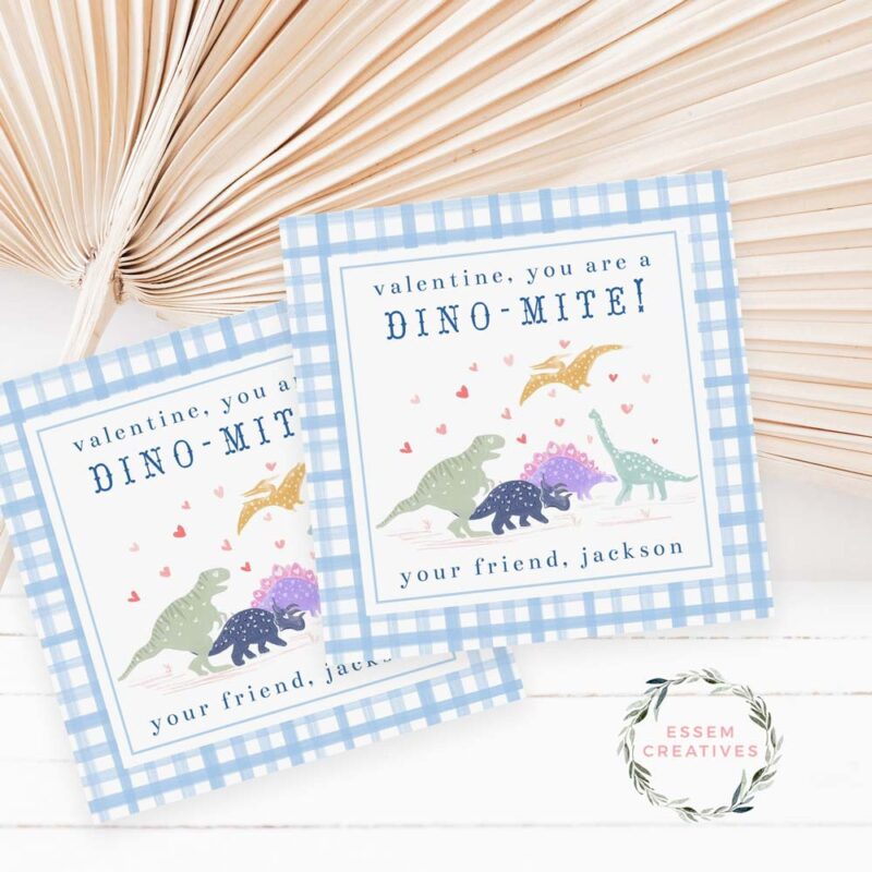 Printable Dinosaur Valentines Gift Tag for Kids, Dino-mite Valentine tag, Dino School Classroom Valentines, Square Treat and Favor Tags 500