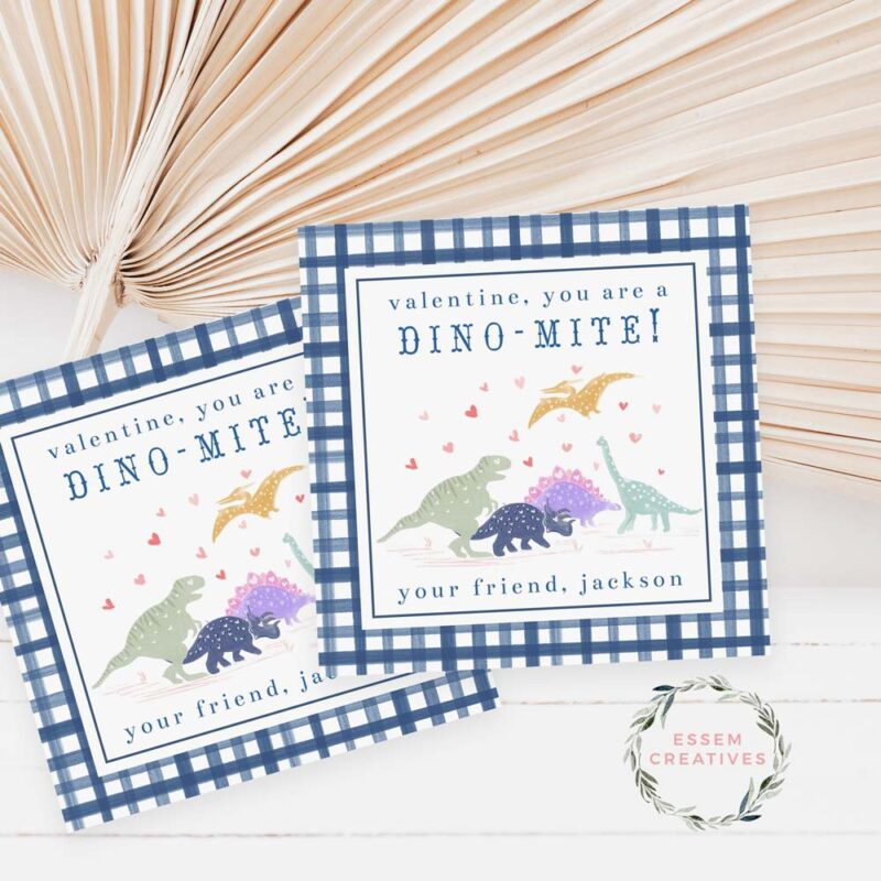 Printable Dinosaur Valentines Gift Tag for Kids, Dino-mite Valentine tag, Dino School Classroom Valentines, Square Treat and Favor Tags 500