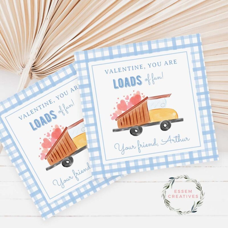 Printable Valentines Gift Tag for Kids, Truck Construction Valentine Card, School Classroom Favor Tag, Classmate Friend Square Treat Tag 500