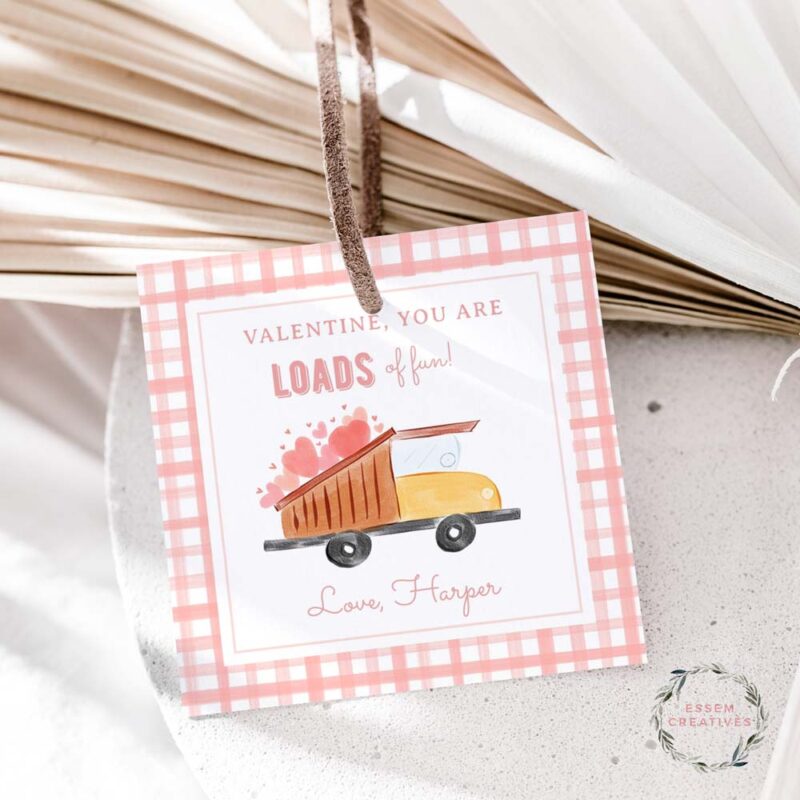 Printable Valentines Gift Tag for Kids, Truck Construction Valentine Card, School Classroom Favor Tag, Classmate Friend Square Treat Tag 500