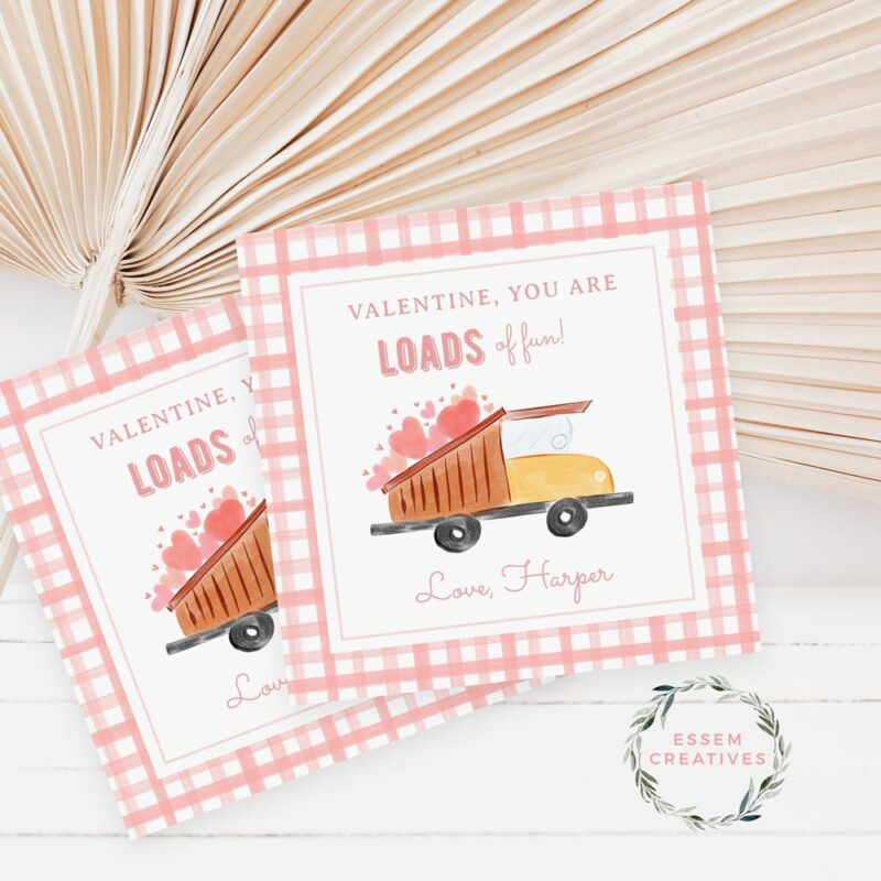 Printable Valentines Gift Tag for Kids, Truck Construction Valentine Card, School Classroom Favor Tag, Classmate Friend Square Treat Tag 500