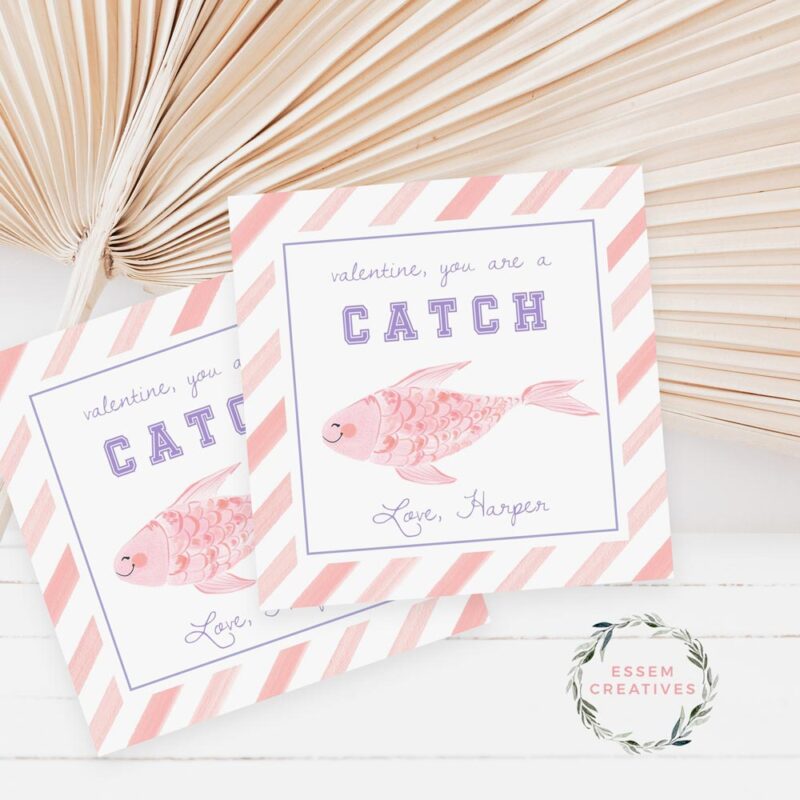 Printable Valentines Gift Tag for Kids, You're a great catch fish valentine tag, School Classroom Valentines, Square Fishing Favor Tag 500