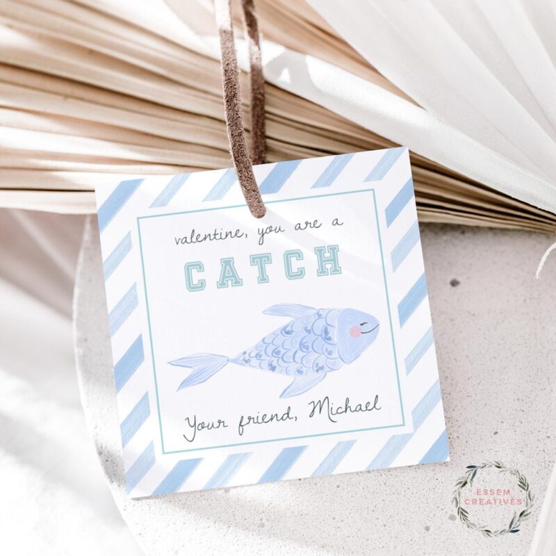 Printable Valentines Gift Tag for Kids, You're a great catch fish valentine tag, School Classroom Valentines, Square Fishing Favor Tag 500