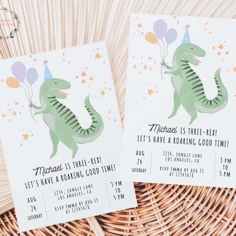 Three Rex Childrens Birthday Party Invitation Template, Printable Dinosaur Invitation, Printable Modern T-Rex Editable Template Digital 503