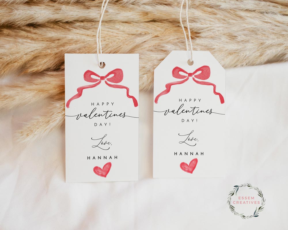 Bow Valentines Gift Tags, Galentines Day Tag, Simple Modern Red Bow Heart School Classroom Tags, Teacher Appreciation Tag, Treat Bag Tag 500