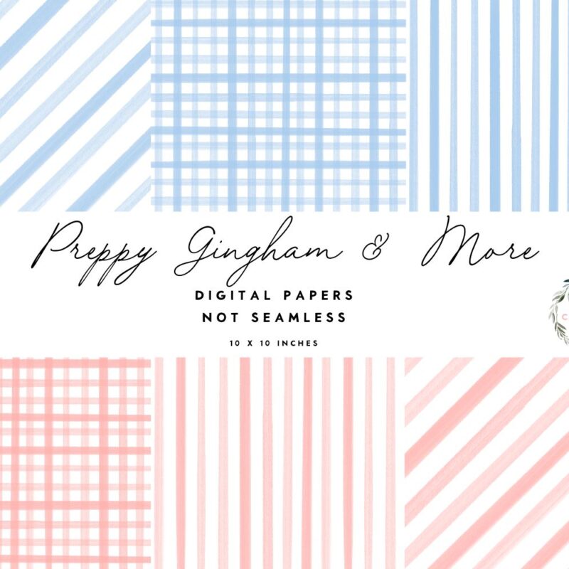 Preppy Watercolor Gingham Digital Paper, Watercolor Stripes Diagonals Checks Print for Sublimation Transfer, Digital Scrapbooking, Branding