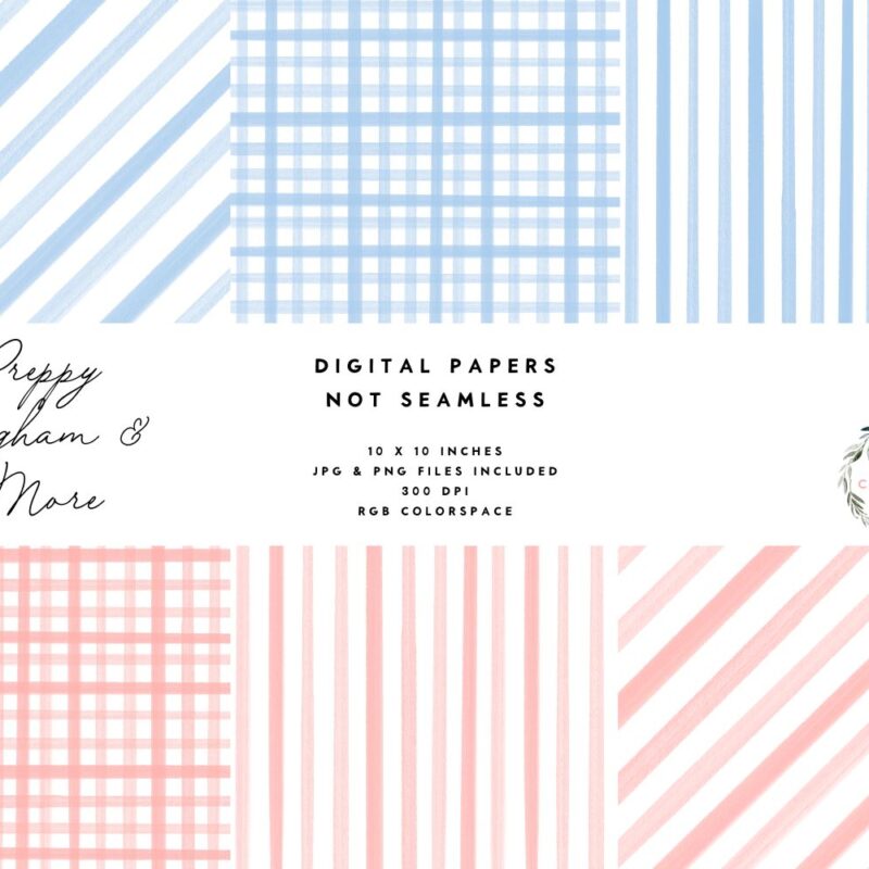 Preppy Watercolor Gingham Digital Paper, Watercolor Stripes Diagonals Checks Print for Sublimation Transfer, Digital Scrapbooking, Branding
