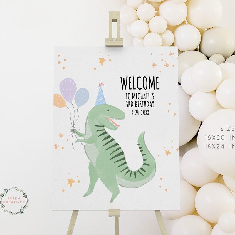 Three Rex Childrens Birthday Party Welcome Sign Template, Printable Dinosaur Party Sign Printable Modern T-Rex Editable Template Digital 503