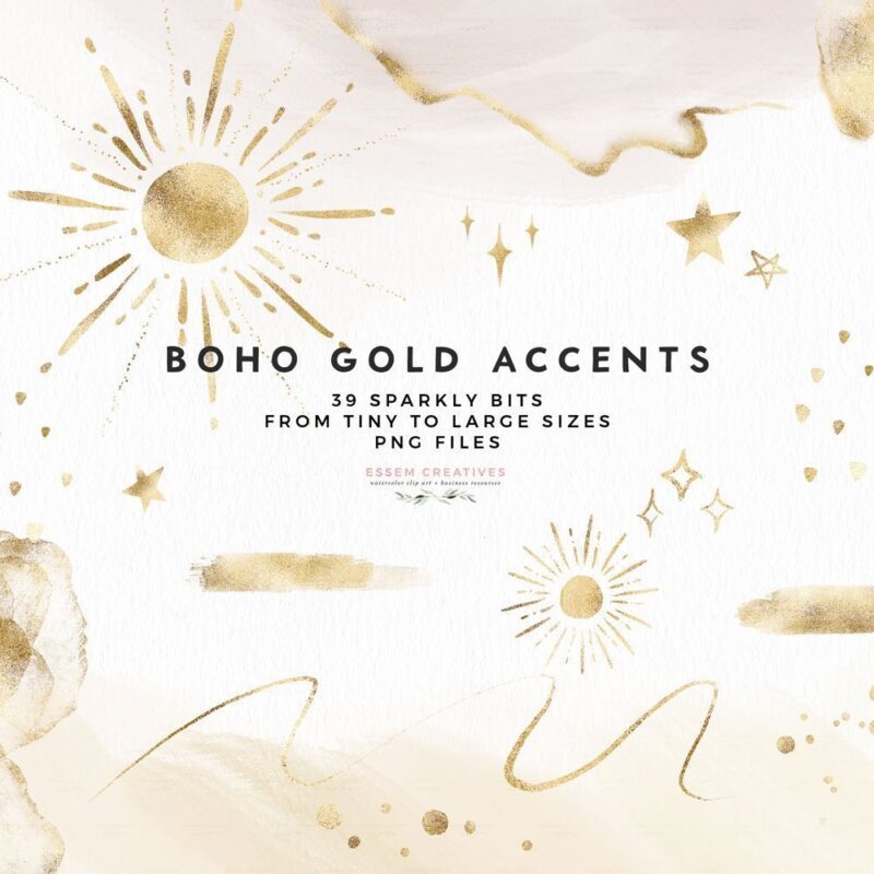 Boho Gold Sun Stars Sparkle Clipart Overlay, Brush Stroke Sublimation PNG Files, Logo Branding, Trendy Gold Accent Circle Brush Mark Border