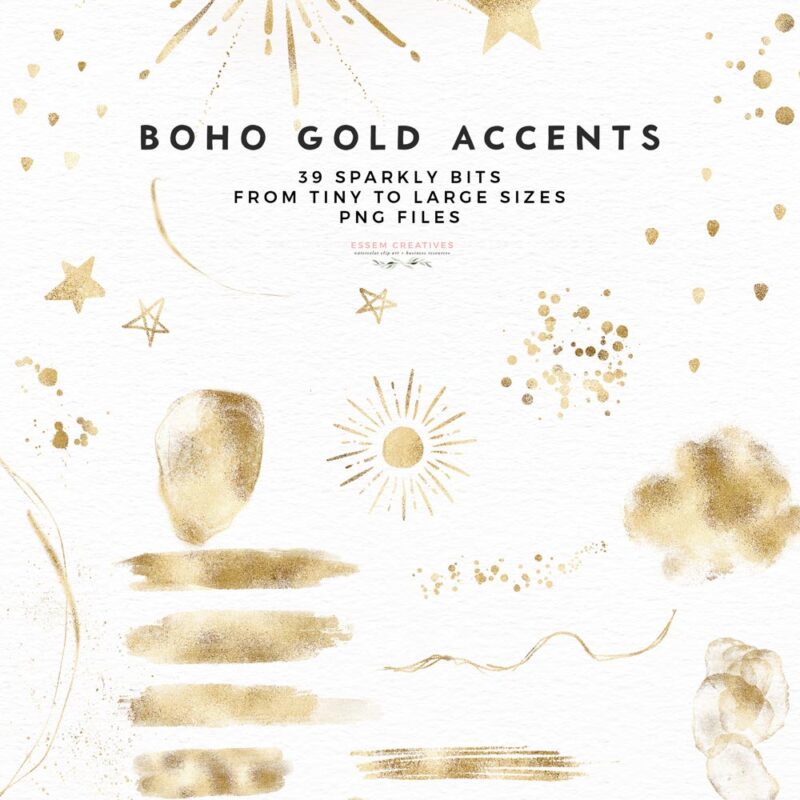 Boho Gold Sun Stars Sparkle Clipart Overlay, Brush Stroke Sublimation PNG Files, Logo Branding, Trendy Gold Accent Circle Brush Mark Border