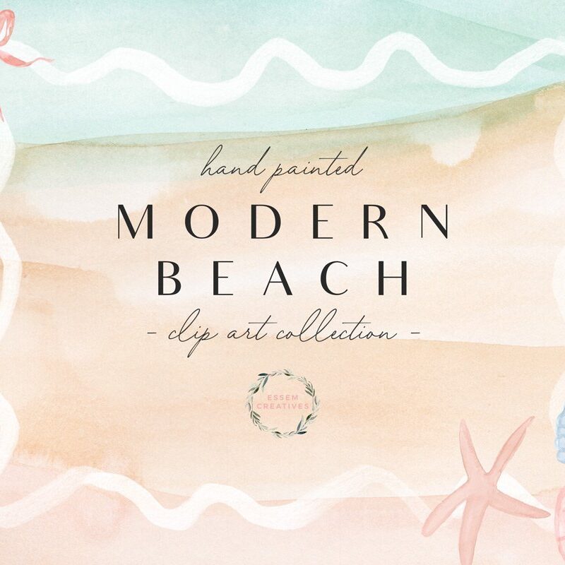 Watercolor Beach Clipart, Summer Elegant Coastal Wedding Invitation Background, Tropical Sand Sea Ocean Shell, Modern Scallop Wavy Border