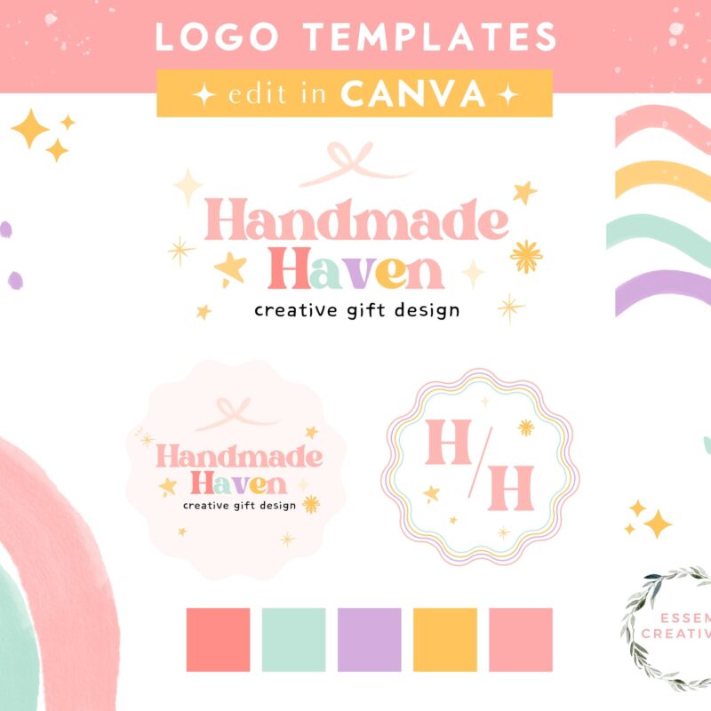 Colorful Rainbow Logo Design Template Canva, Editable Logo Design, Handmade Logo Template, Stars Bow Rainbow Logo for Small Business 506