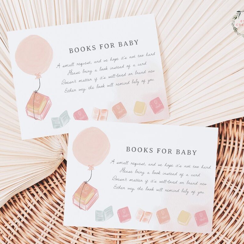Pink Balloon Books for Baby Card Template, Watercolor Books Theme Baby Shower Book Request Insert, Printable Template, A New Chapter 497