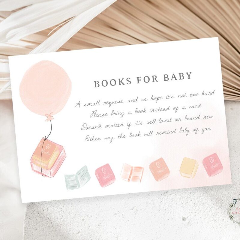 Pink Balloon Books for Baby Card Template, Watercolor Books Theme Baby Shower Book Request Insert, Printable Template, A New Chapter 497