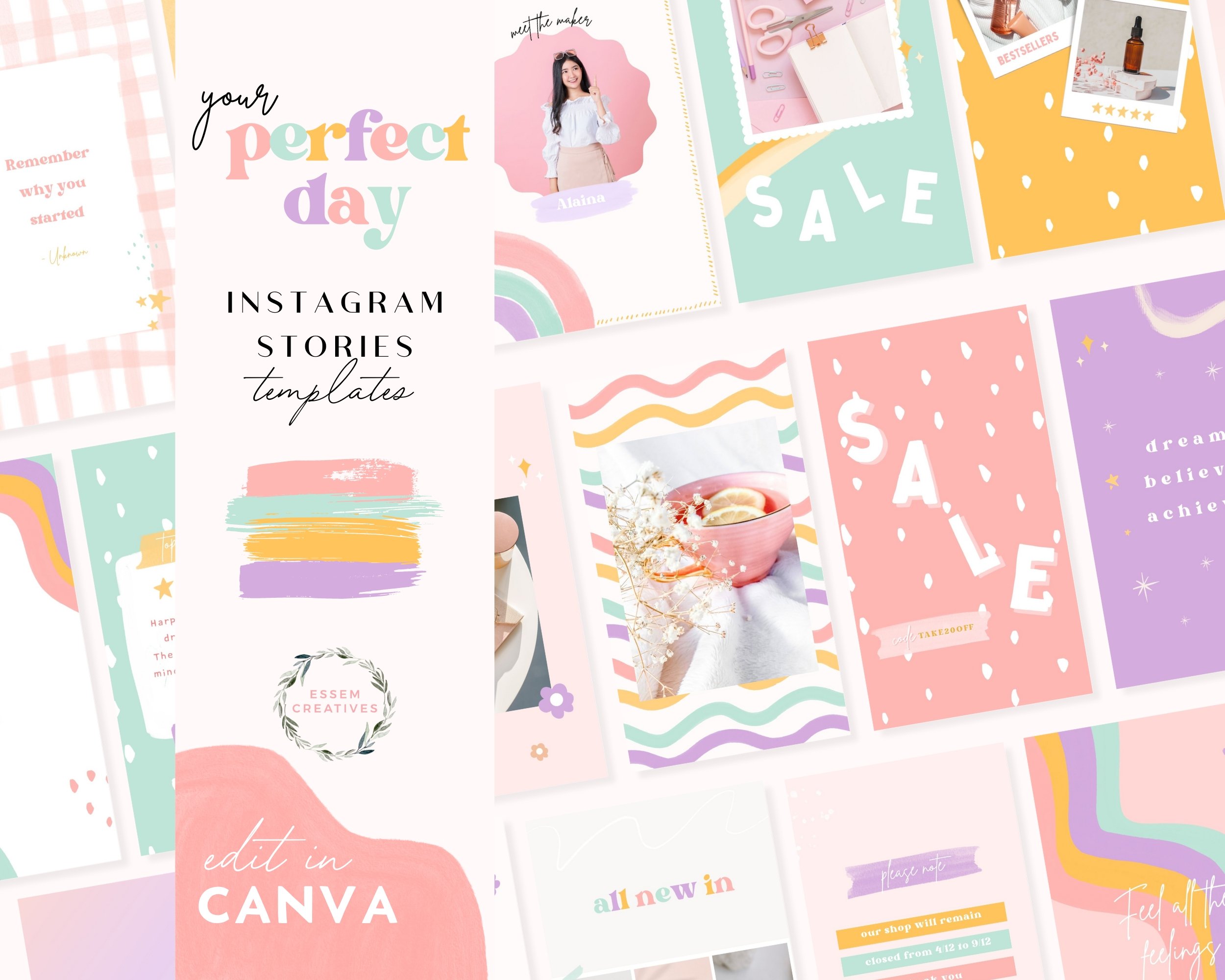 Rainbow Instagram Story Templates Canva, Inspirational Quotes for Instagram Branding, Rainbow Social Media Brand - Perfect Day Templates 506