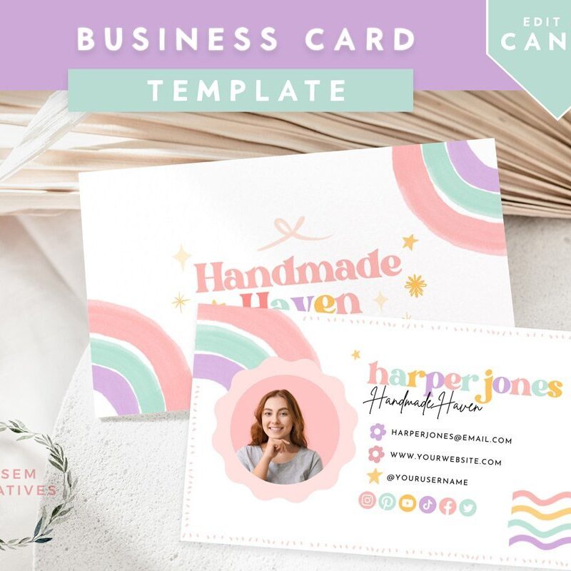Cute Business Card Template, Rainbow Boho Business Card Design, Printable Canva Editable Template, DIY Calling Card, Feminine Branding 506