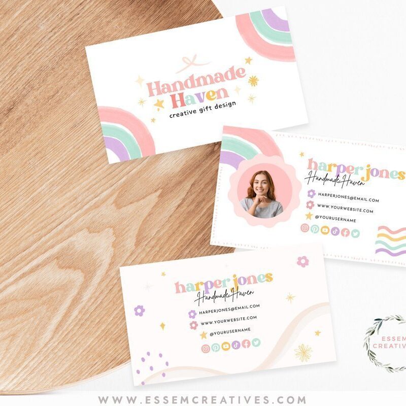 Cute Business Card Template, Rainbow Boho Business Card Design, Printable Canva Editable Template, DIY Calling Card, Feminine Branding 506