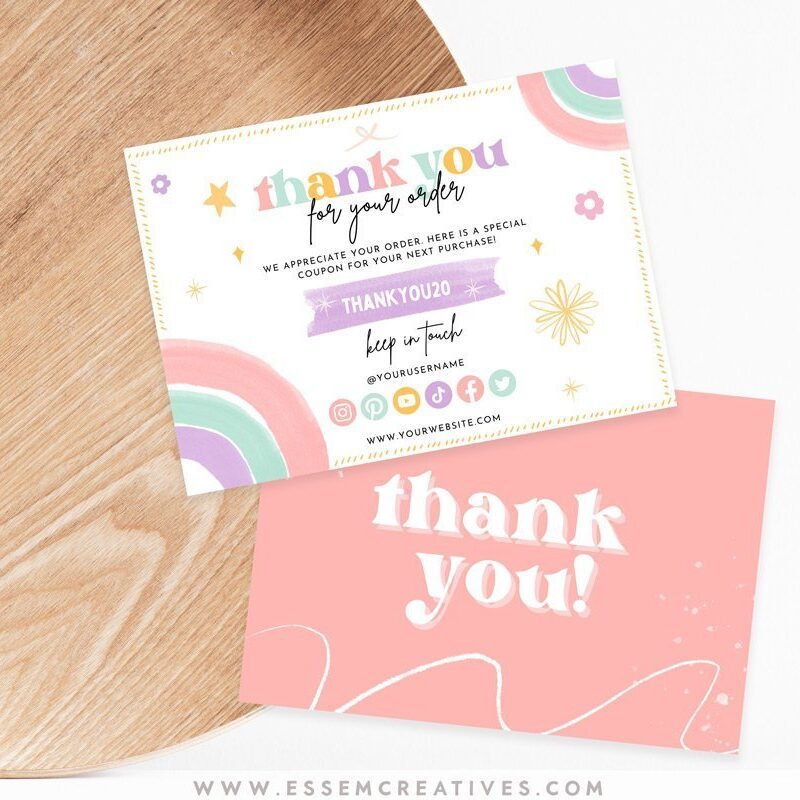 Rainbow Business Thank You Card Template, Printable Modern Boho Package Insert, Editable Rainbow Thank you, Small Business Brand Canva 506