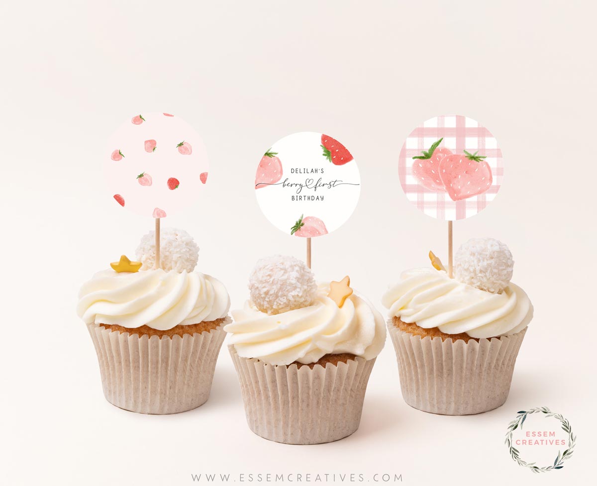 Berry First Birthday Party Cupcake Toppers, Printable Strawberry Birthday Party Decorations, Birthday Favor Tags, Berry Sweet Birthday 504
