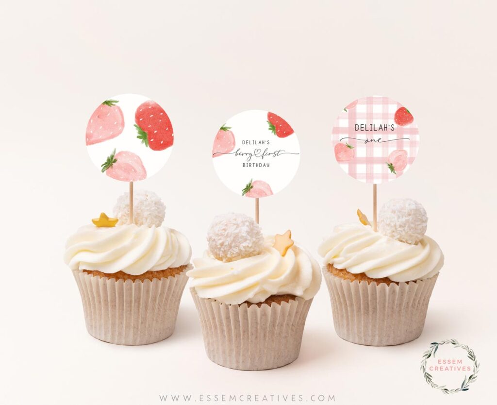 Berry First Birthday Party Cupcake Toppers, Printable Strawberry ...