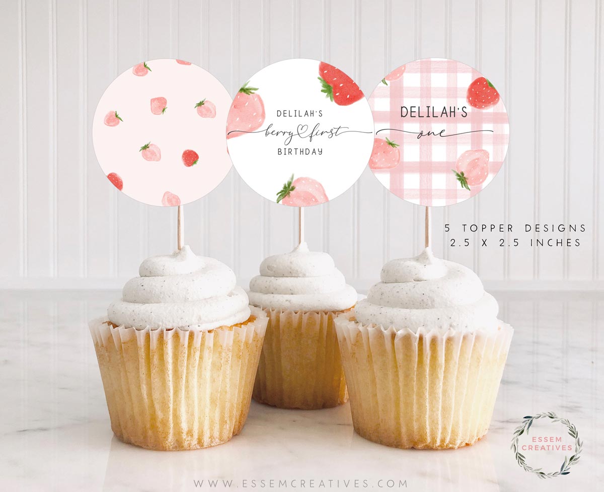 Berry First Birthday Party Cupcake Toppers, Printable Strawberry Birthday Party Decorations, Birthday Favor Tags, Berry Sweet Birthday 504