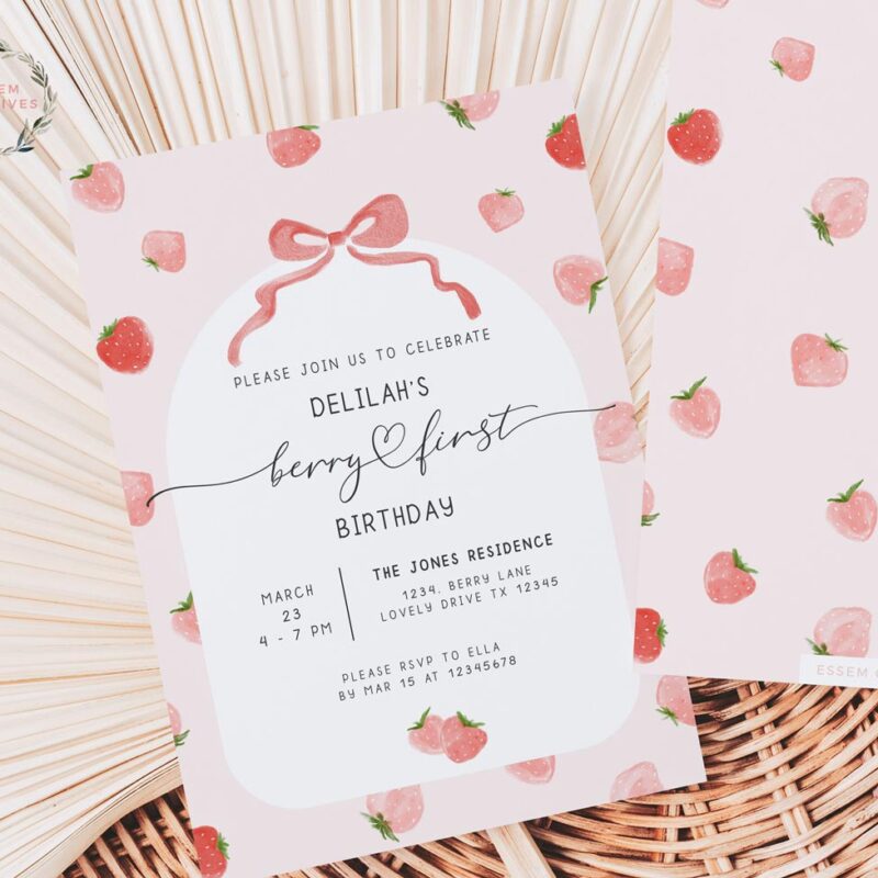 Berry First Birthday Party Invitation, Printable Strawberry Birthday Invitation, Girl 1st Birthday Invite, Berry Sweet Birthday Decor 504