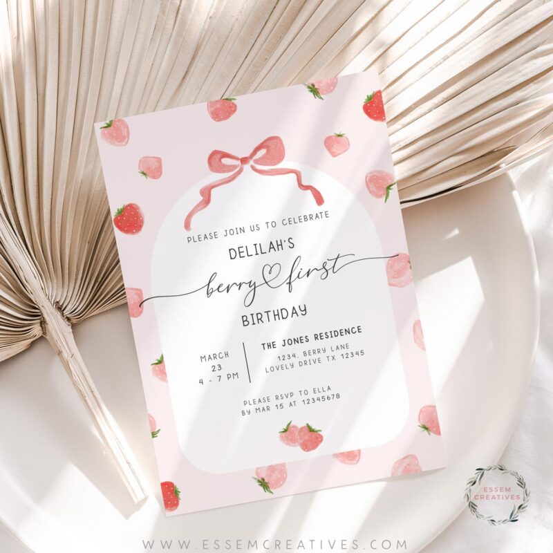 Berry First Birthday Party Invitation, Printable Strawberry Birthday Invitation, Girl 1st Birthday Invite, Berry Sweet Birthday Decor 504