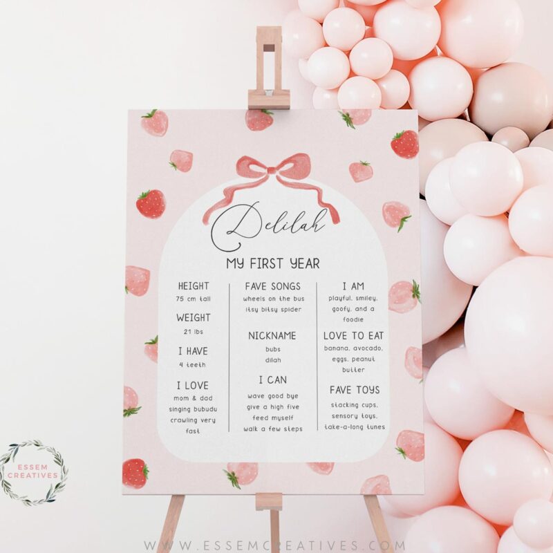 Berry First Birthday Party Milestone Sign, Printable Strawberry Milestone Chart for Babies, 16x20 Editable Decor, Modern Minimal 504