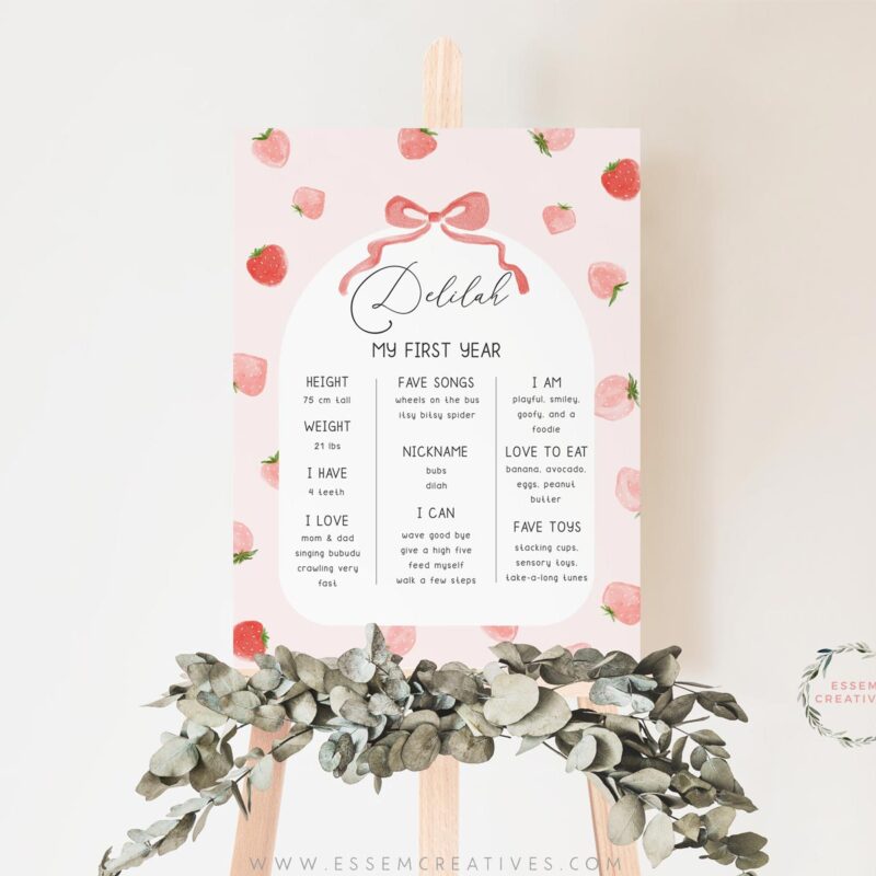 Berry First Birthday Party Milestone Sign, Printable Strawberry Milestone Chart for Babies, 16x20 Editable Decor, Modern Minimal 504