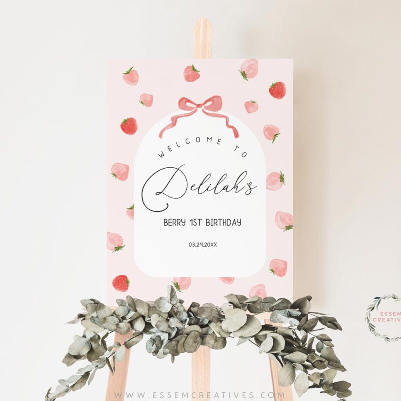 Berry First Birthday Party Welcome Sign Template, Printable Strawberry Birthday Party Decor, 16x20 18x24 Editable Decor, Modern Minimal 504