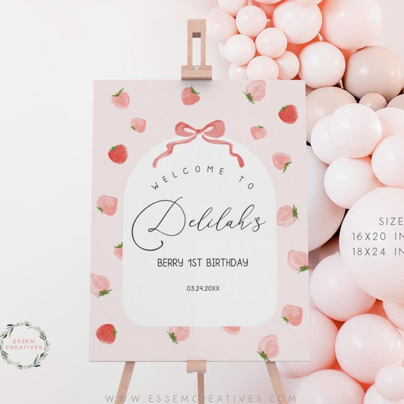 Berry First Birthday Party Welcome Sign Template, Printable Strawberry Birthday Party Decor, 16x20 18x24 Editable Decor, Modern Minimal 504