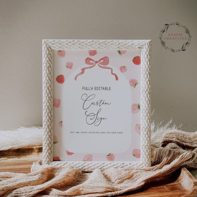 Editable Strawberry Birthday Custom Sign Template, Printable Berry 1st Birthday Customizable Sign for Cute Party Decor, Modern Minimal 504