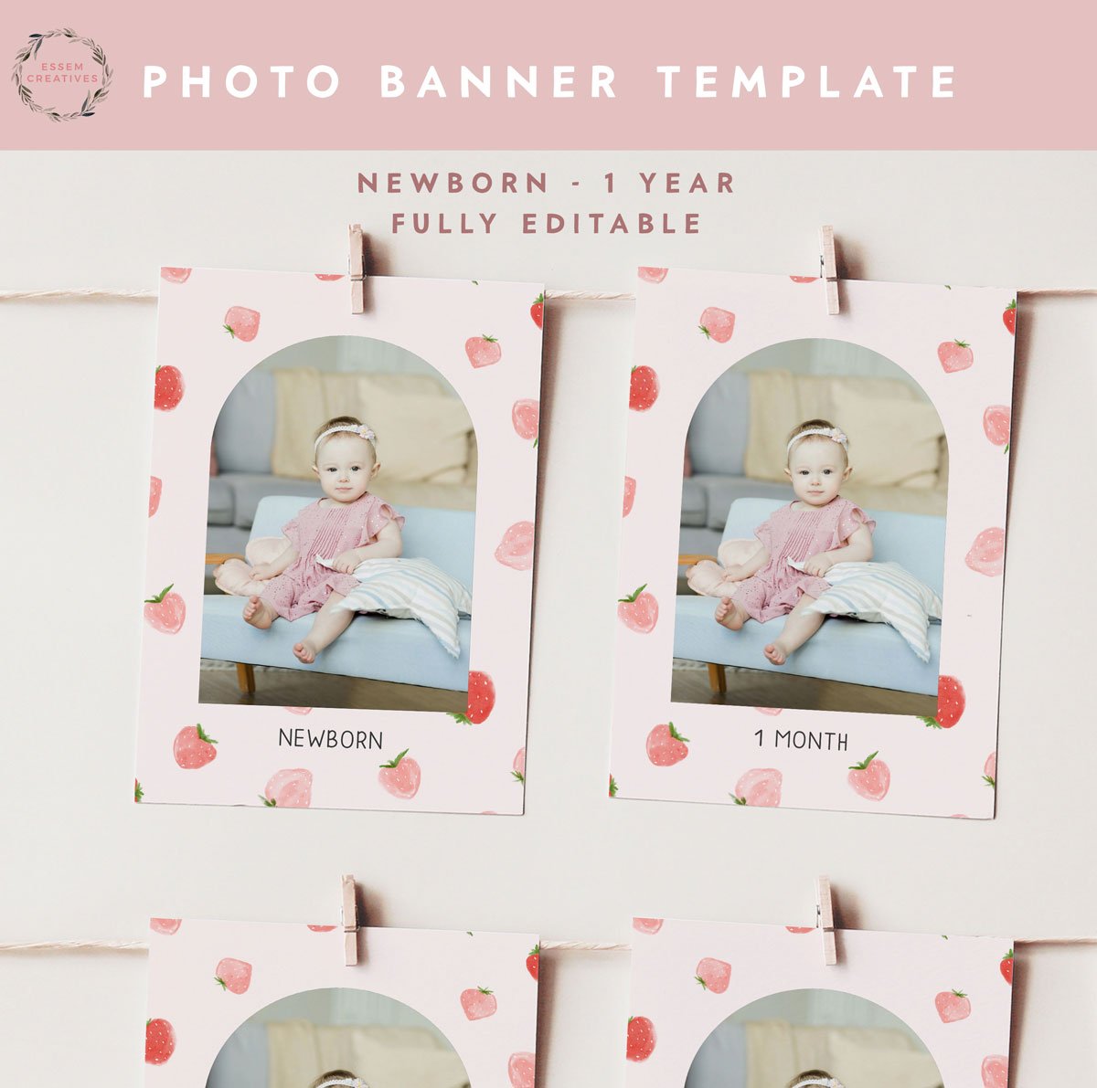 Strawberry Birthday Photo Banner Template, Editable Printable Berry 1st Birthday Milestone Cards for Cute Party Decor, Modern Minimal 504