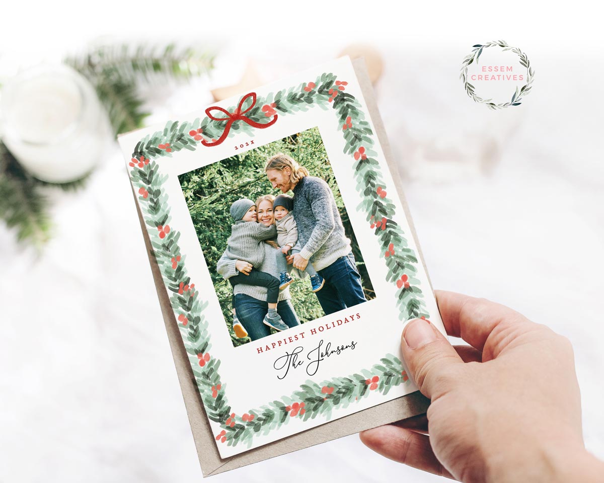 Printable Christmas Photo Card Template, Holiday Card Template, Dainty Greenery Border Watercolor Christmas Card, Holly Border Bow Corjl editable template