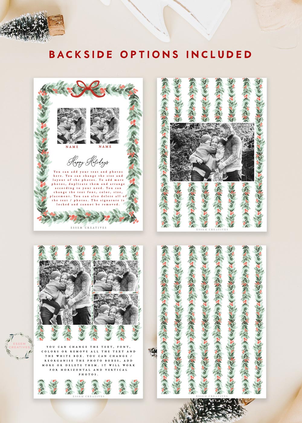 Printable Christmas Photo Card Template, Holiday Card Template, Dainty Greenery Border Watercolor Christmas Card, Holly Border Bow Corjl editable template