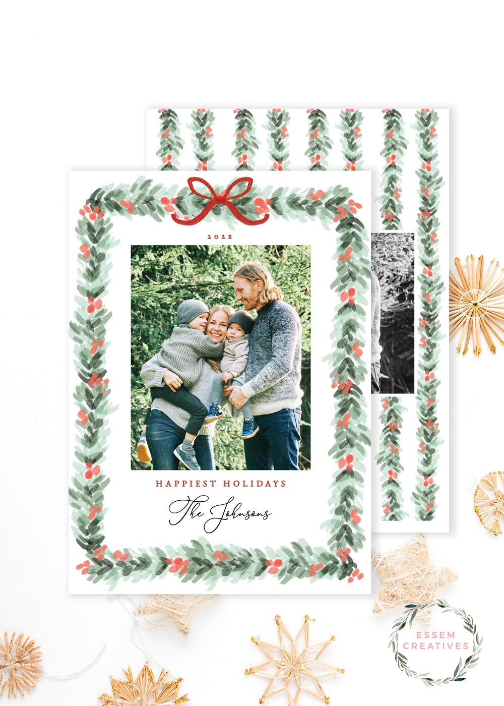 Printable Christmas Photo Card Template, Holiday Card Template, Dainty Greenery Border Watercolor Christmas Card, Holly Border Bow Corjl editable template