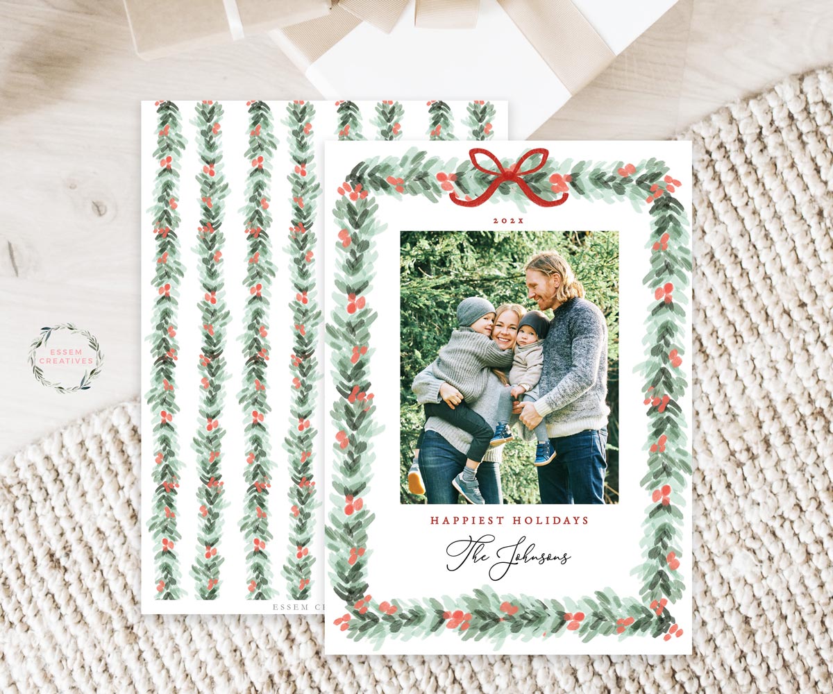 Printable Christmas Photo Card Template, Holiday Card Template, Dainty Greenery Border Watercolor Christmas Card, Holly Border Bow Corjl editable template