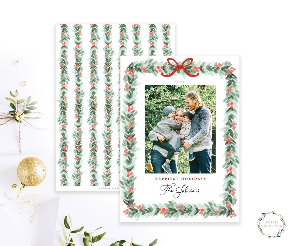 Printable Christmas Photo Card Template, Holiday Card Template, Dainty Greenery Border Watercolor Christmas Card, Holly Border Bow Corjl editable template