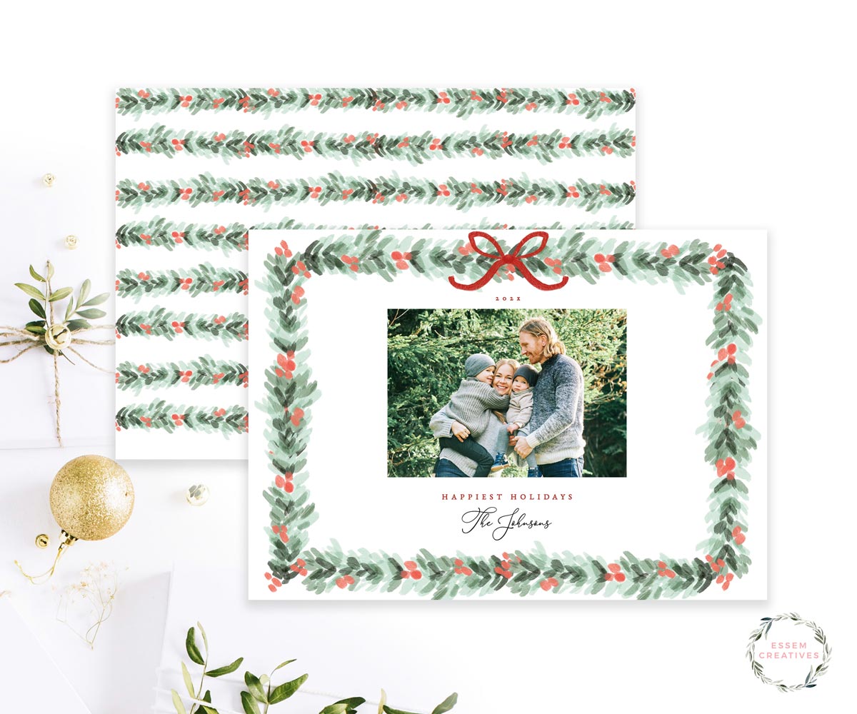 Printable Christmas Photo Card Template, Horizontal Holiday Card Template, Dainty Greenery Border Watercolor Christmas Card, Bow Holly Border Corjl editable template