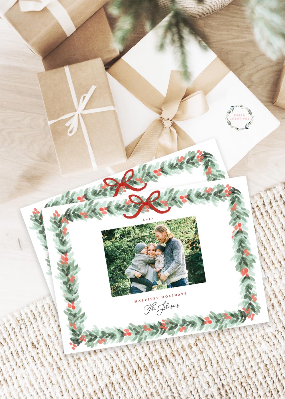 Printable Christmas Photo Card Template, Horizontal Holiday Card Template, Dainty Greenery Border Watercolor Christmas Card, Bow Holly Border Corjl editable template