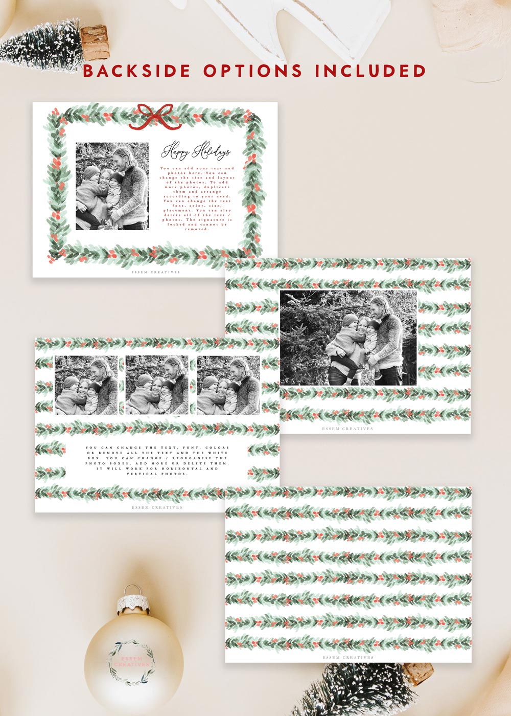 Printable Christmas Photo Card Template, Horizontal Holiday Card Template, Dainty Greenery Border Watercolor Christmas Card, Bow Holly Border Corjl editable template