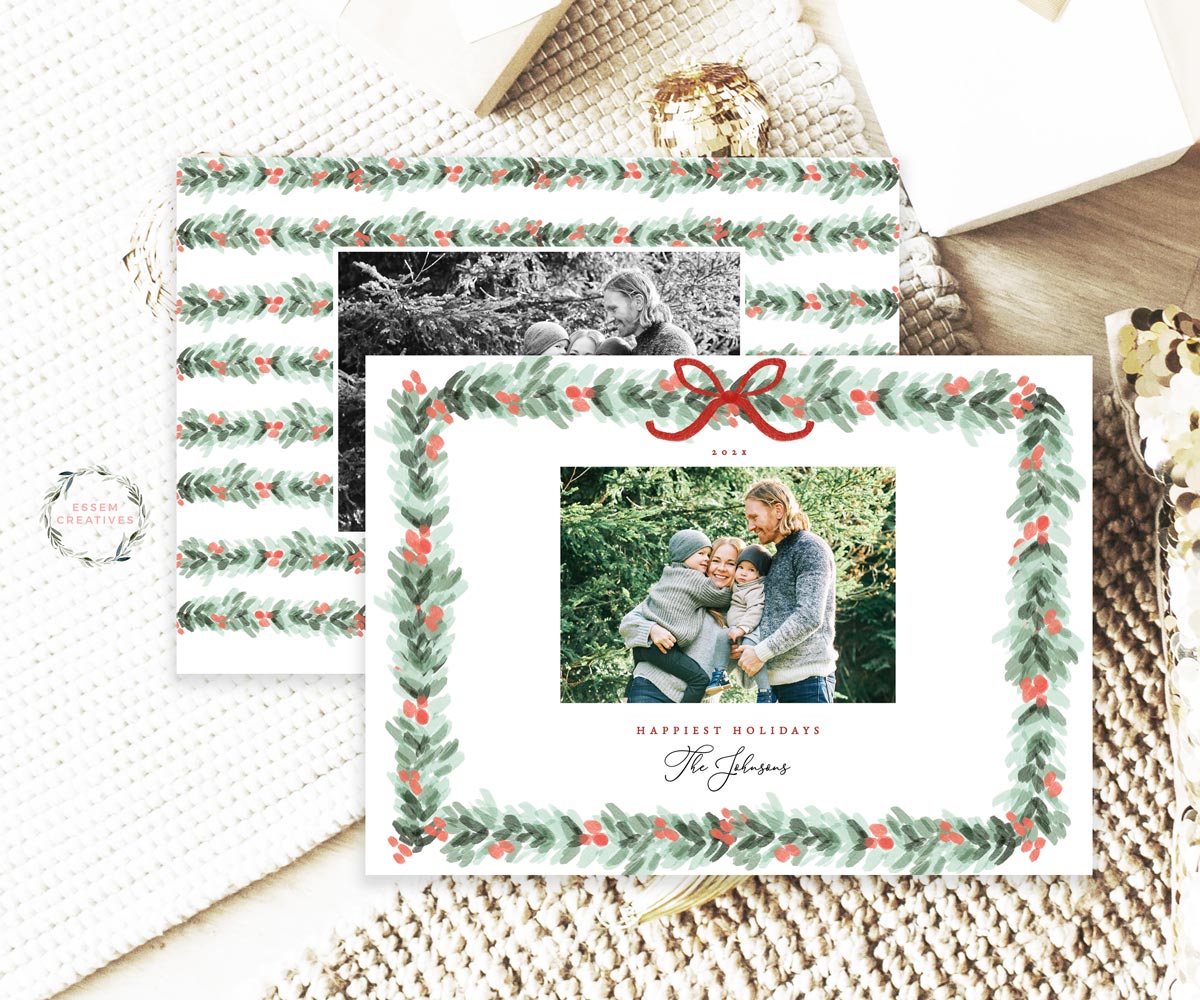 Printable Christmas Photo Card Template, Horizontal Holiday Card Template, Dainty Greenery Border Watercolor Christmas Card, Bow Holly Border Corjl editable template