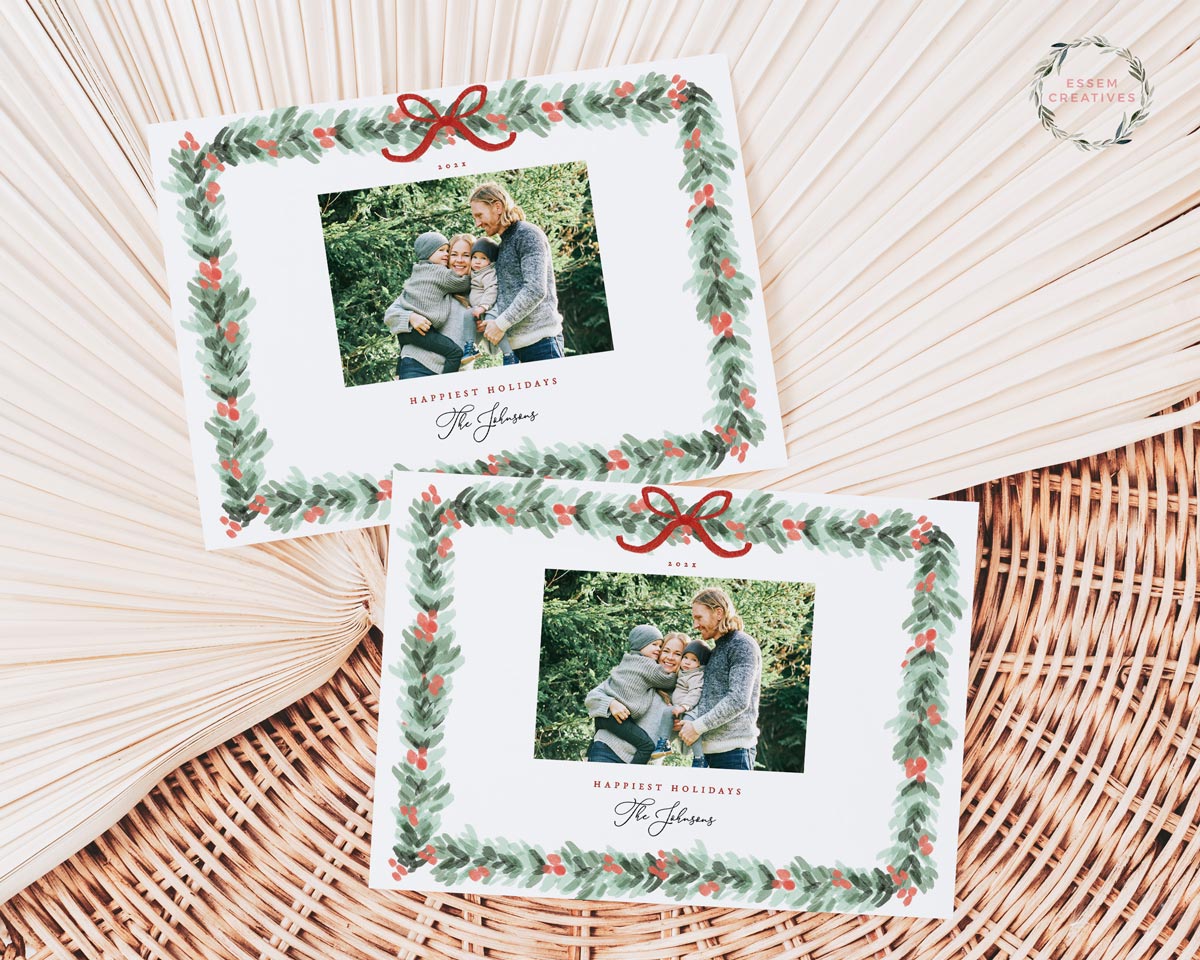 Printable Christmas Photo Card Template, Horizontal Holiday Card Template, Dainty Greenery Border Watercolor Christmas Card, Bow Holly Border Corjl editable template