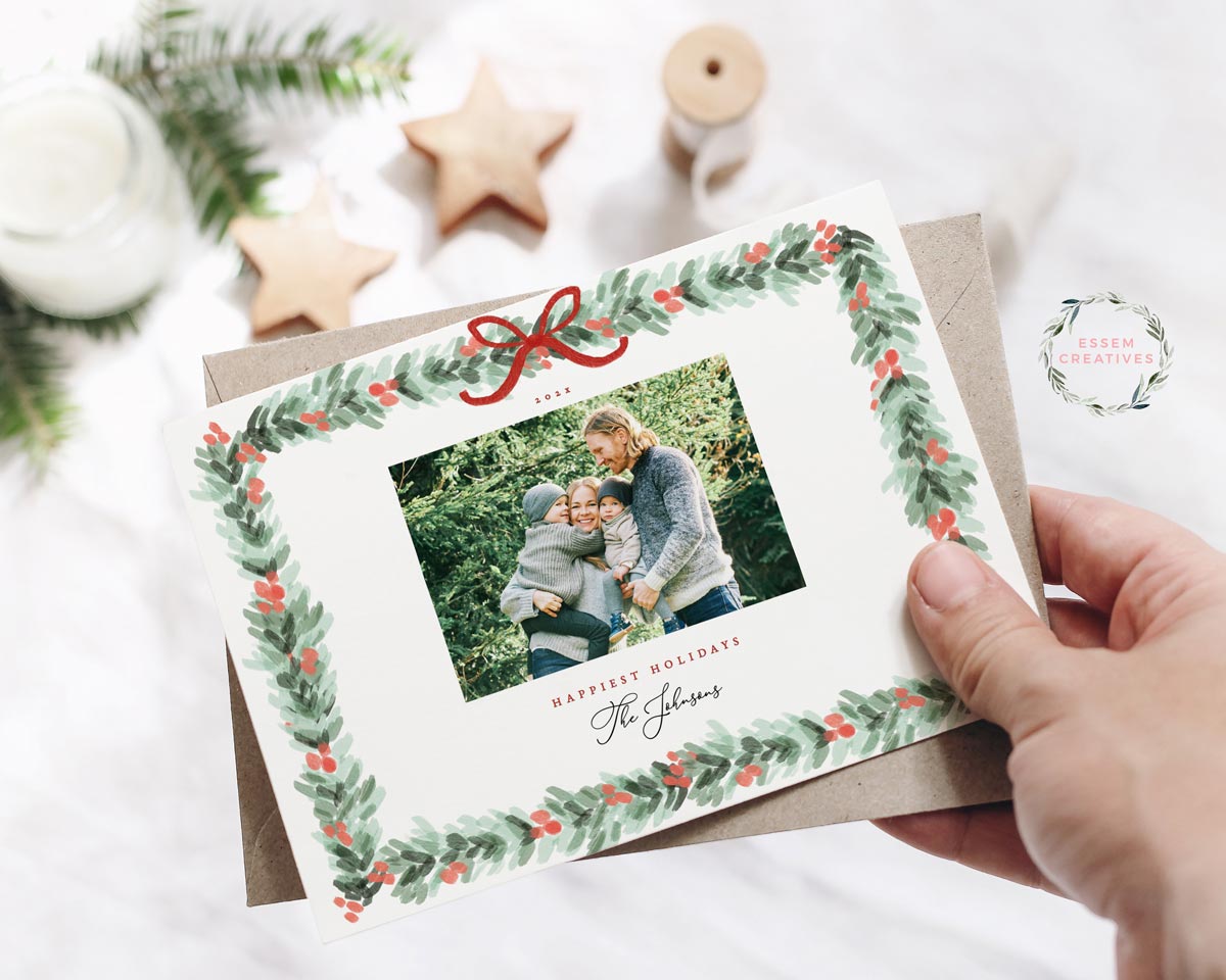 Printable Christmas Photo Card Template, Horizontal Holiday Card Template, Dainty Greenery Border Watercolor Christmas Card, Bow Holly Border Corjl editable template