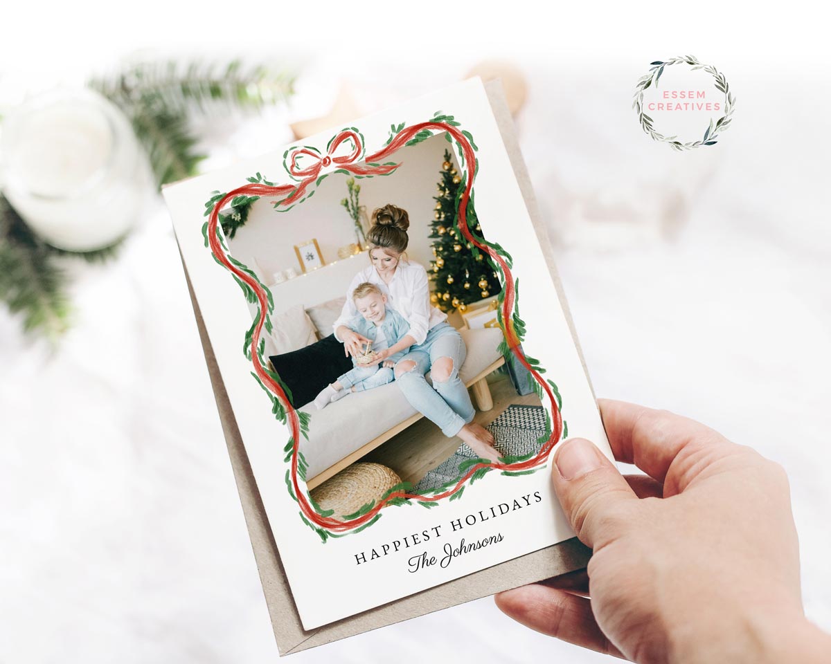 Scallop Christmas Photo Card Template, Holiday Card Template, Vertical Dainty Greenery Border Watercolor Christmas Card, Classic Border Bow Corjl editable template