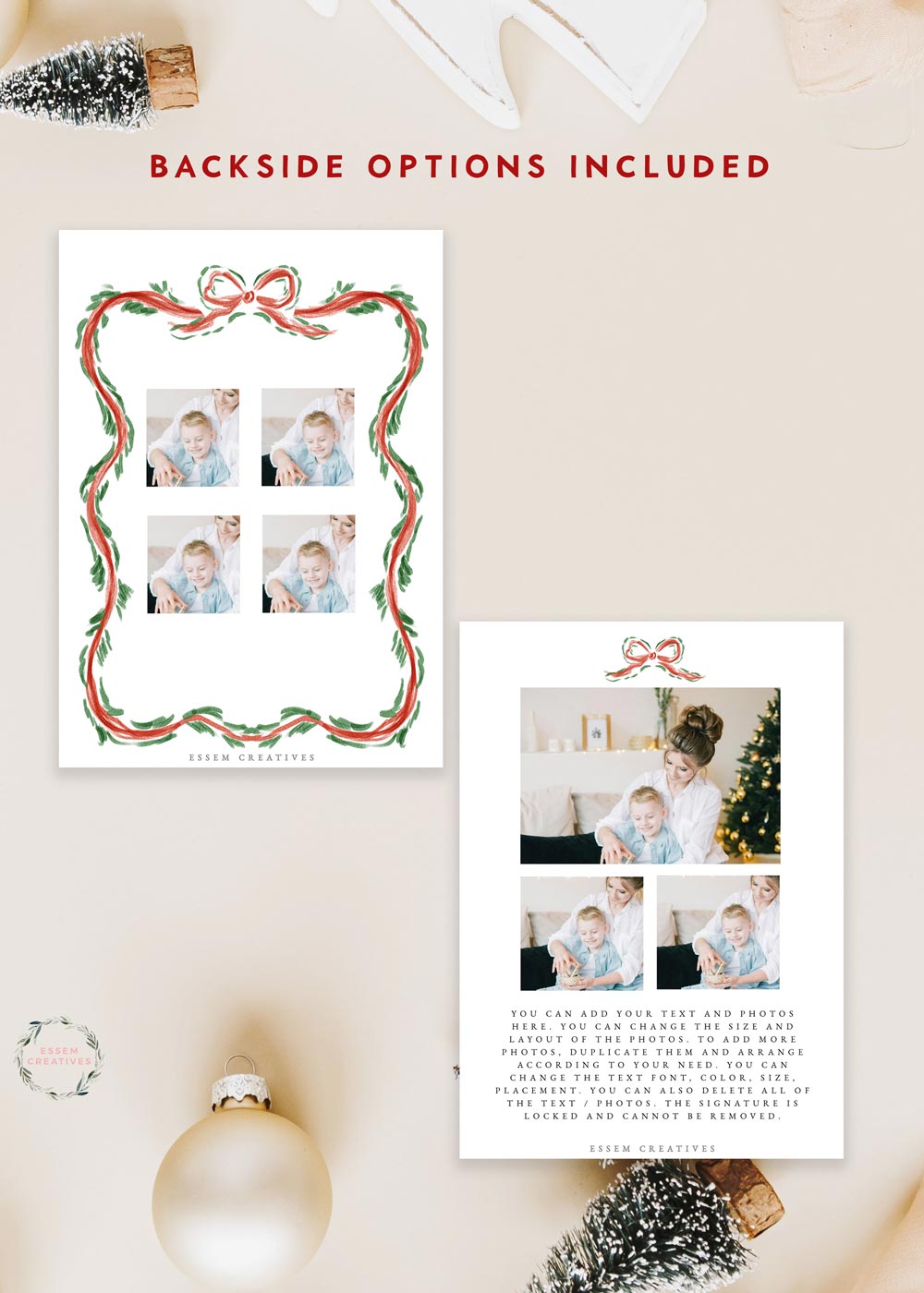 Scallop Christmas Photo Card Template, Holiday Card Template, Vertical Dainty Greenery Border Watercolor Christmas Card, Classic Border Bow Corjl editable template