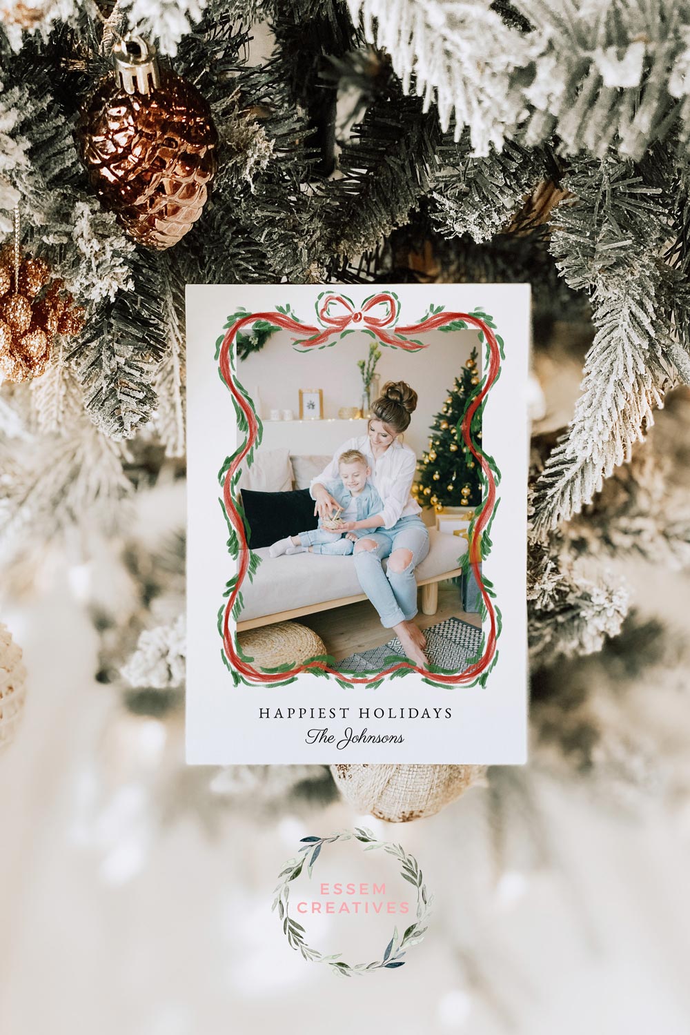 Scallop Christmas Photo Card Template, Holiday Card Template, Vertical Dainty Greenery Border Watercolor Christmas Card, Classic Border Bow Corjl editable template