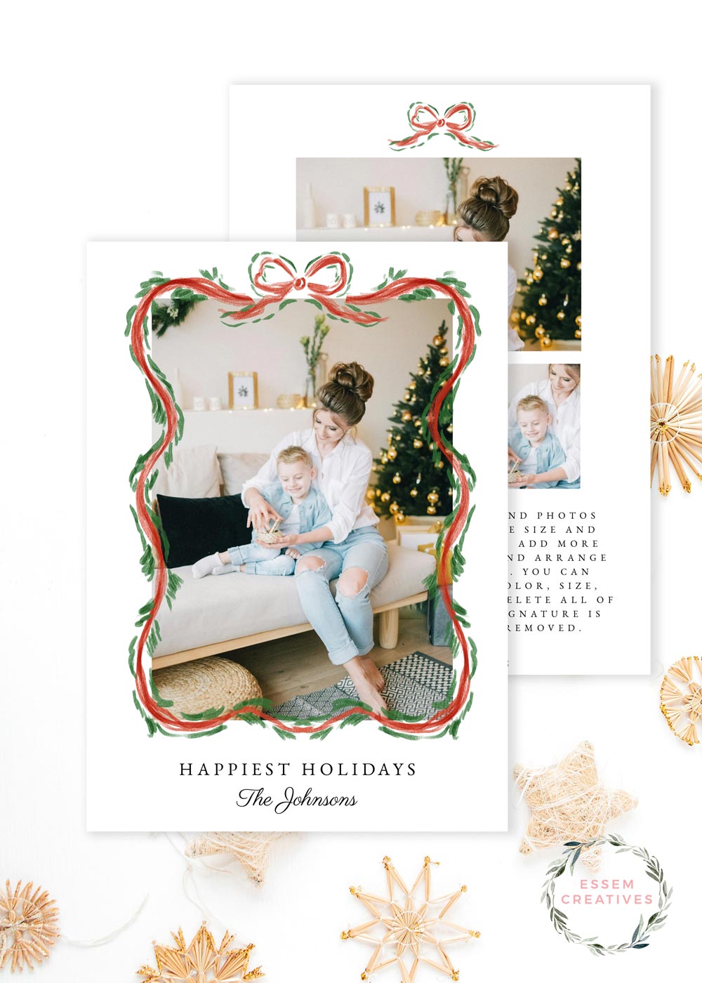 Scallop Christmas Photo Card Template, Holiday Card Template, Vertical Dainty Greenery Border Watercolor Christmas Card, Classic Border Bow Corjl editable template